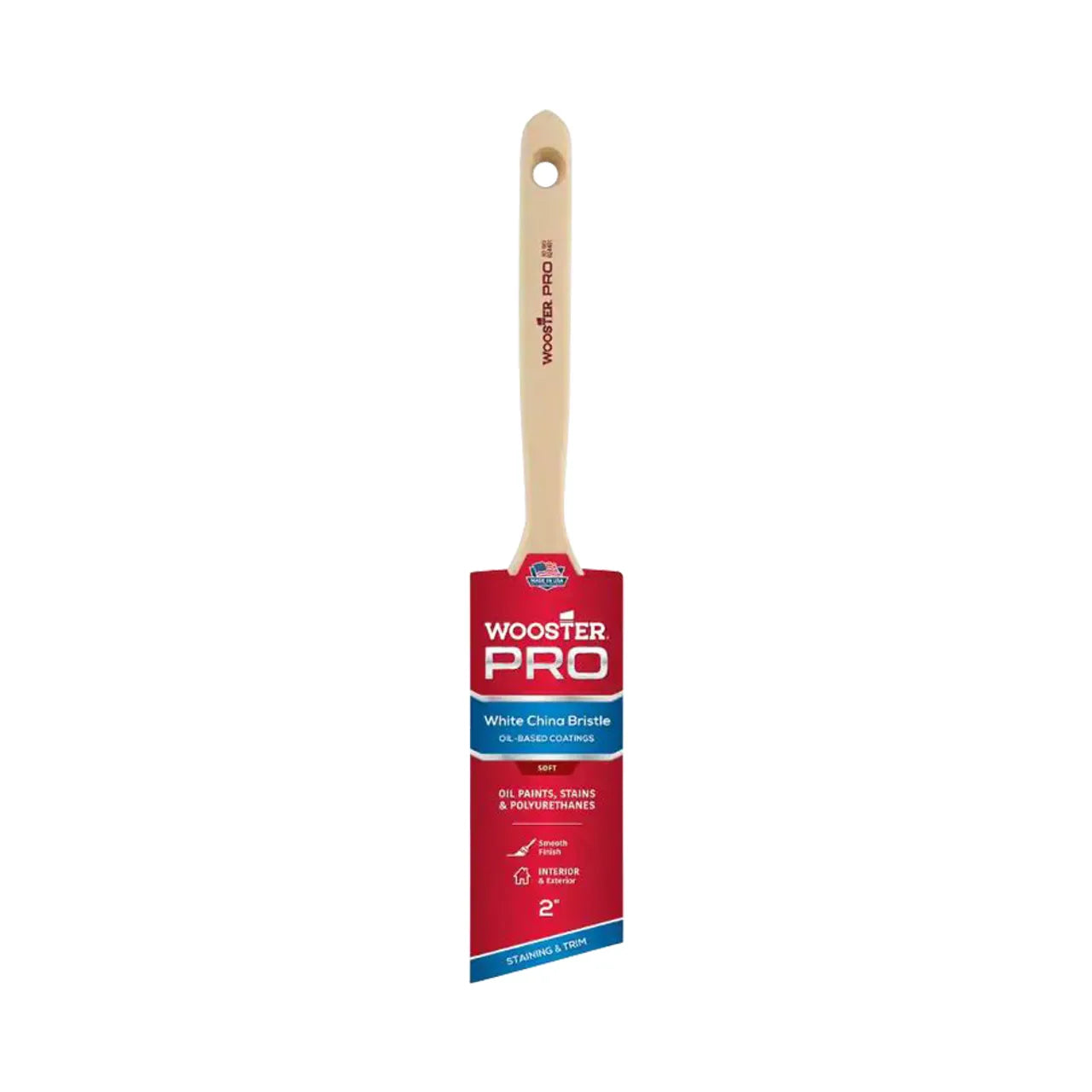 A 2-inch Pro China Bristle Angle Sash Brush by Go Build, with a beige handle and red sleeve, is perfect for oil paints, stains, and polyurethanes. It ensures a smooth finish thanks to its white bristles.